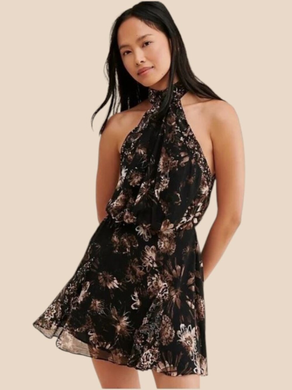 Free People Katerina Halter Mini Dress Dark Brown Black Floral Combo Lined L EUC